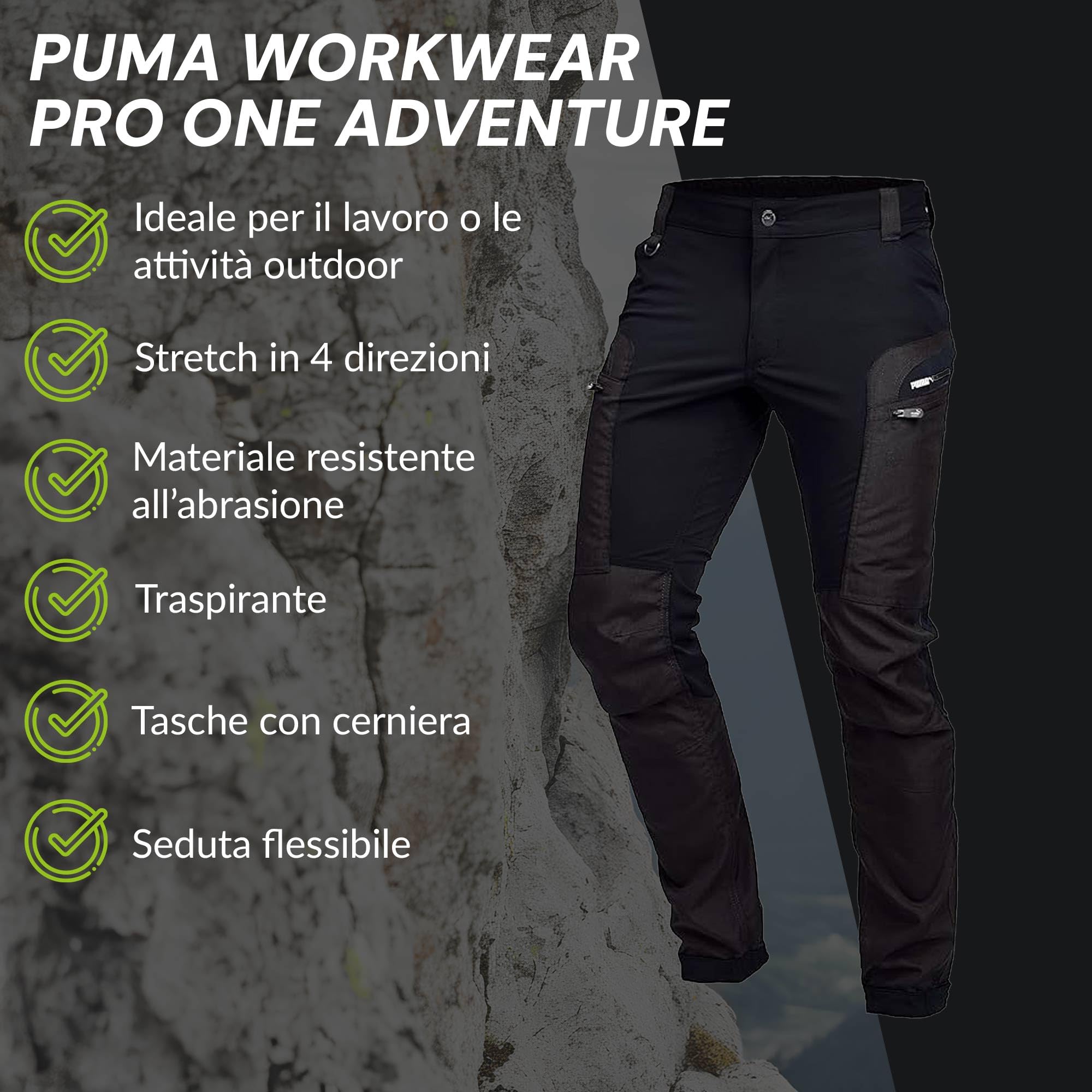 PUMA Workwear Pro-One Adventure Outdoor Pantaloni da trekking da uomo, ideali per arrampicata, alpinismo, parkour e molto altro ancora, flessibili, rinforzati e resistenti, pantaloni da uomo, Nero ,