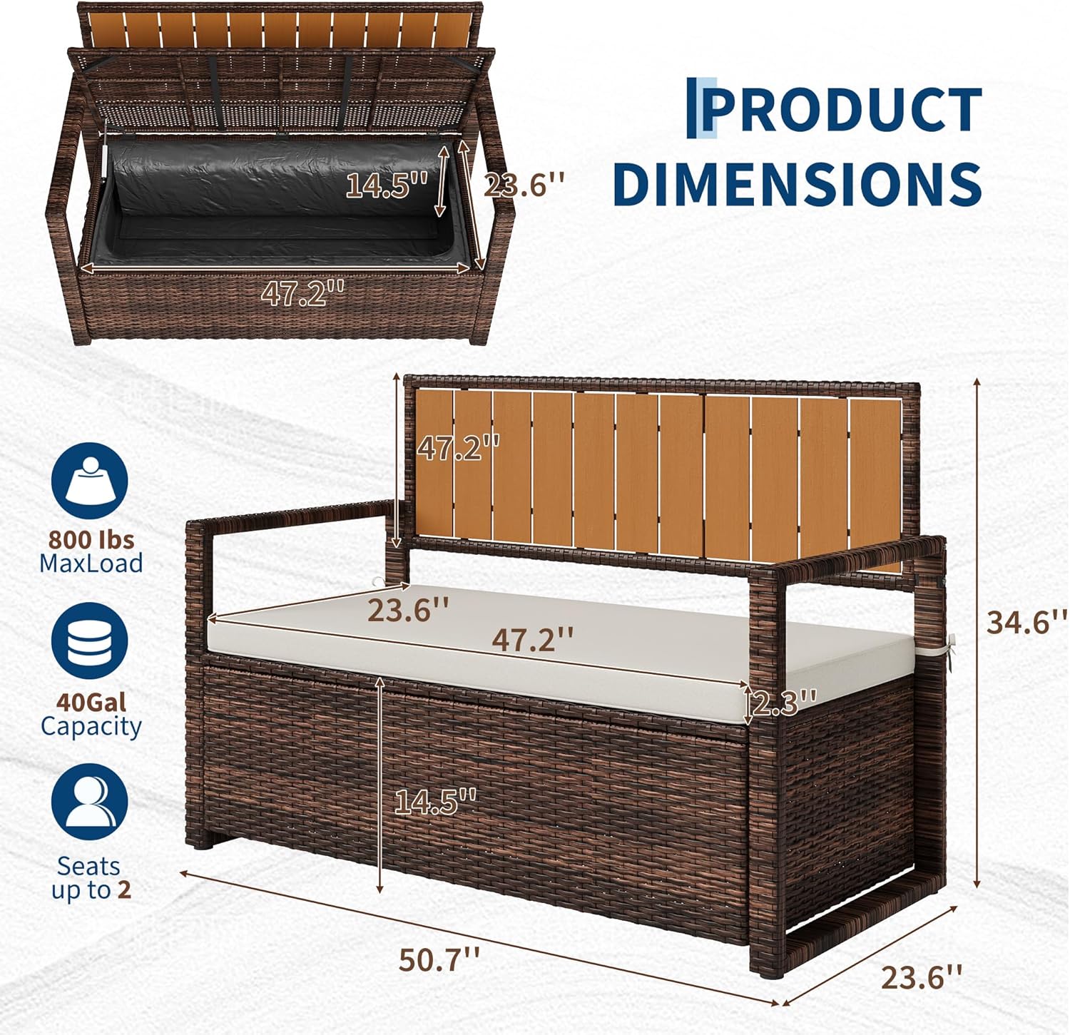 IDEALHOUSE Outdoor Storage Bench with Cushion, PE Rattan Patio Bench with Backrest, Armrests and Metal Frame, Waterproof Deck Box Seat for Porch, Backyard & Poolside, Dark Brown