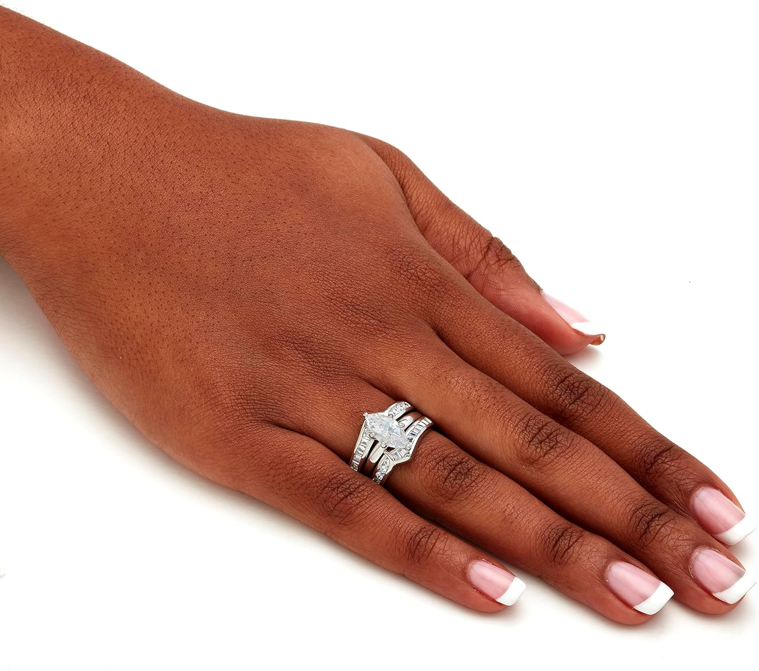 PalmBeach Sterling Silver Marquise Shaped Cubic Zirconia 3 Piece Bridal Ring Set Sizes 6-10