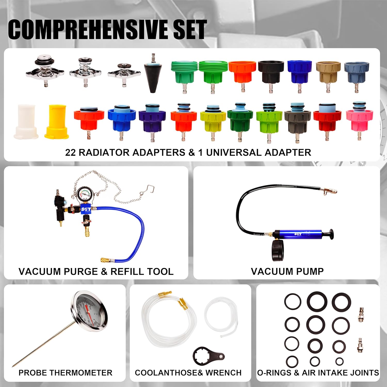SGT Coolant Pressure Tester Kit, 31pc Universal Cooling System Radiator Leak Tester & Refiller with 23 Radiator Adapters,Master Coolant Vacuum Refill Kit with Vacuum Pump Vacuum Purge & Refill Tool