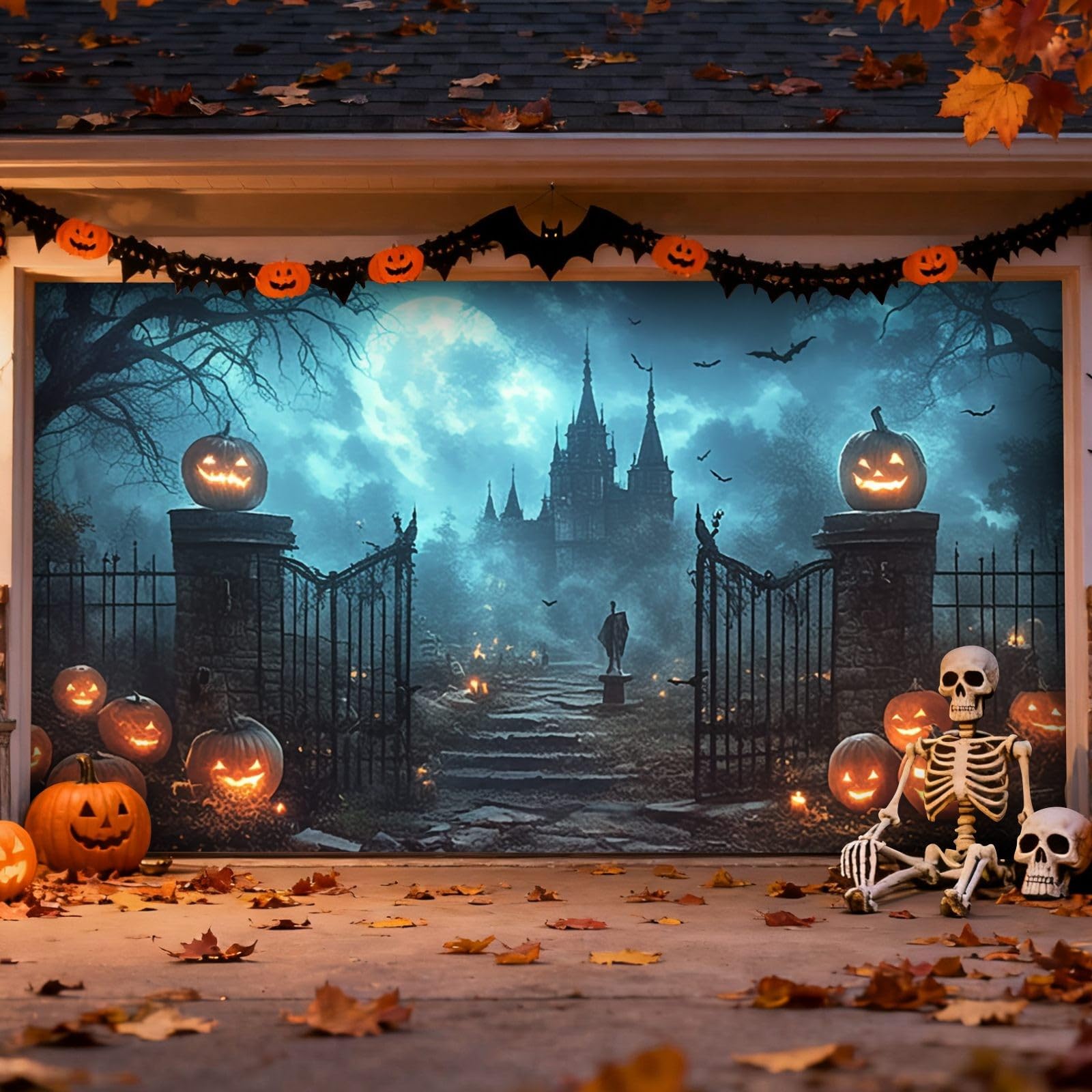 Letreros de Halloween para puerta de garaje, grande, para entrada delantera, diseño de murciélagos y calabazas, fiesta festiva