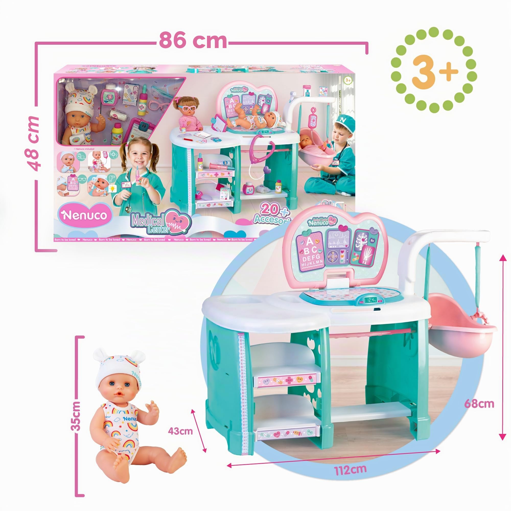 Nenuco Medical Center, Puppe 35 cm Fester Körper, 20 Zubehörteile, Intensivstation und vieles mehr, für Mädchen/Kinder ab 3 Jahren, Famosa (NFNA1000)