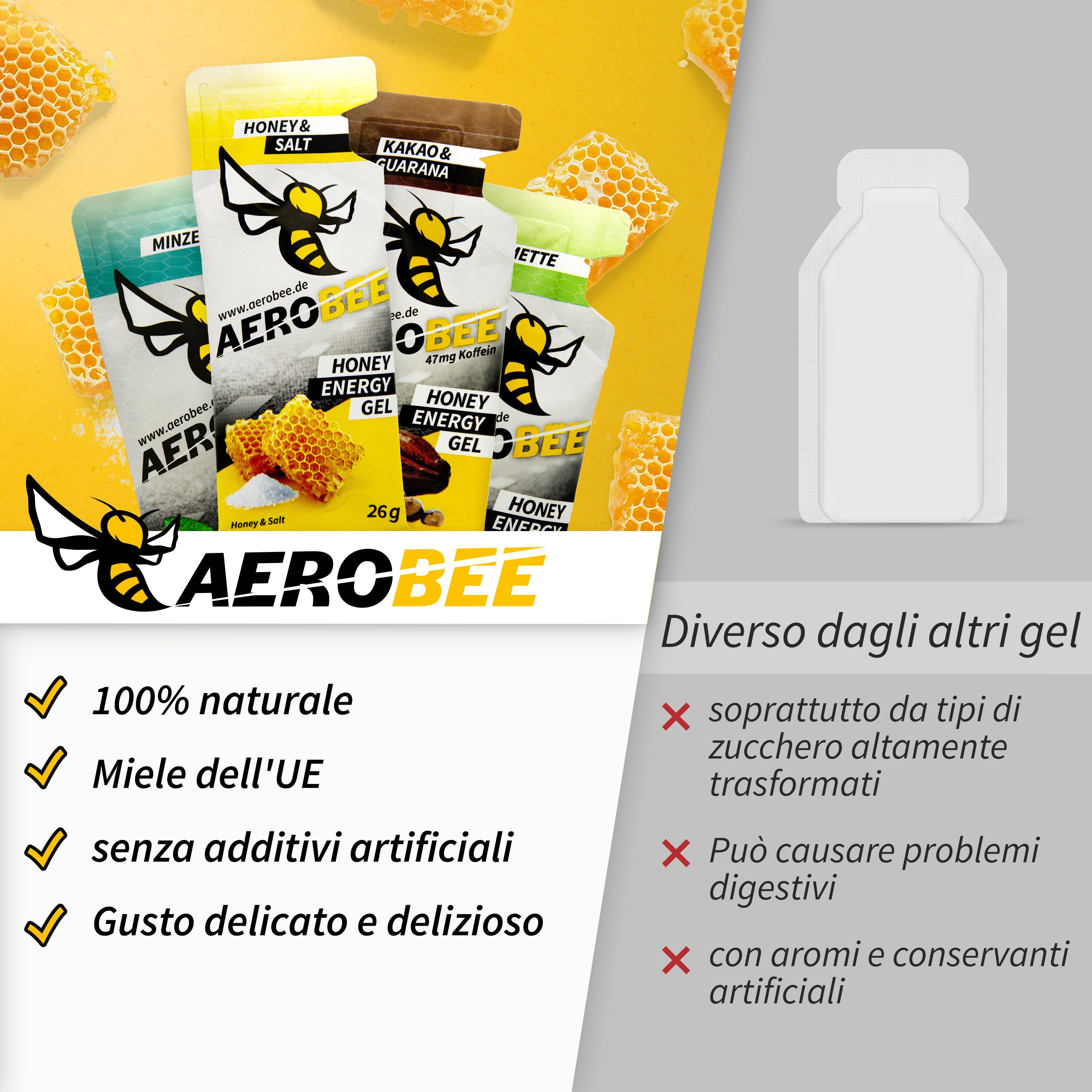 AEROBEE Gel energetico classico - Miele & Sale 10x26g [100% energetico naturale al miele] delizioso gel sportivo adatto per sport di resistenza, corsa con gel di carboidrati