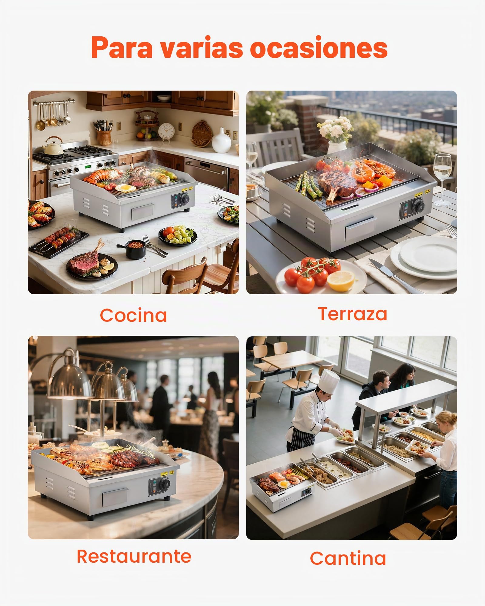 VEVOR Plancha Eléctrica, 3200 W, Control de Temperatura Ajustable 50 a 300 °C, Cuerpo de Acero Inoxidable, Mitad Ranurada, Mitad Plana, con 2 Espátulas, 2 Cepillos y 4 Almohadillas para los Pies