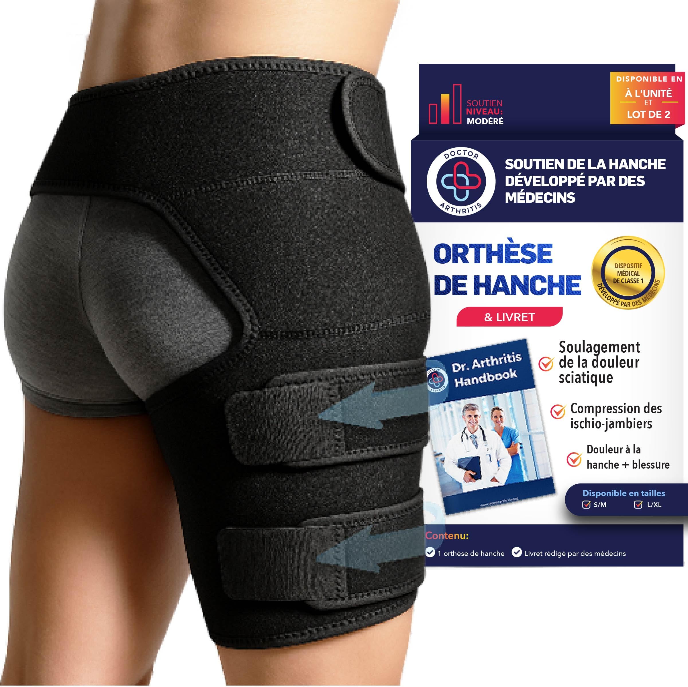 Dr. Arthritis Doctor Developed Stabilizing Hip Support Brace - Sciatica Pain Relief, Piriformis Syndrome and Sciatic Nerve Pain - Thigh compression, Hamstring compression wrap (Noir, Droit L/XL)