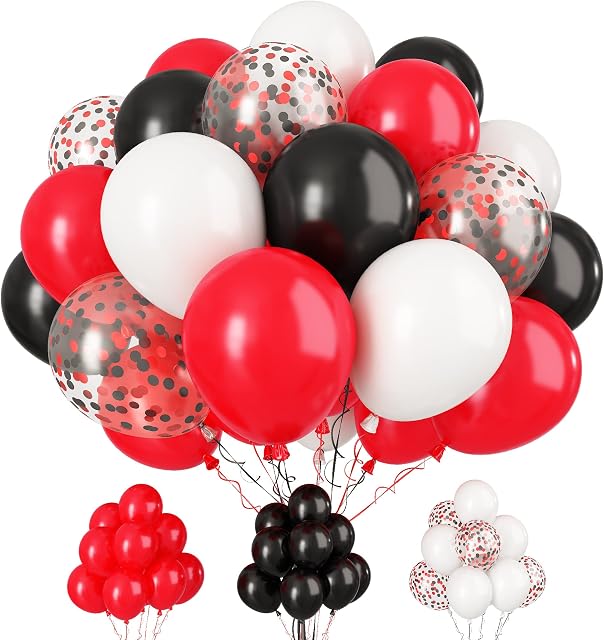 Paready Red and Black Latex Balloons, 30 Pcs 12 Inch White and Red Black Confetti Balloons with Ribbons for Baby Shower Casino Theme Party Birthday Graduation Poker Card Theme Decorations Supplies