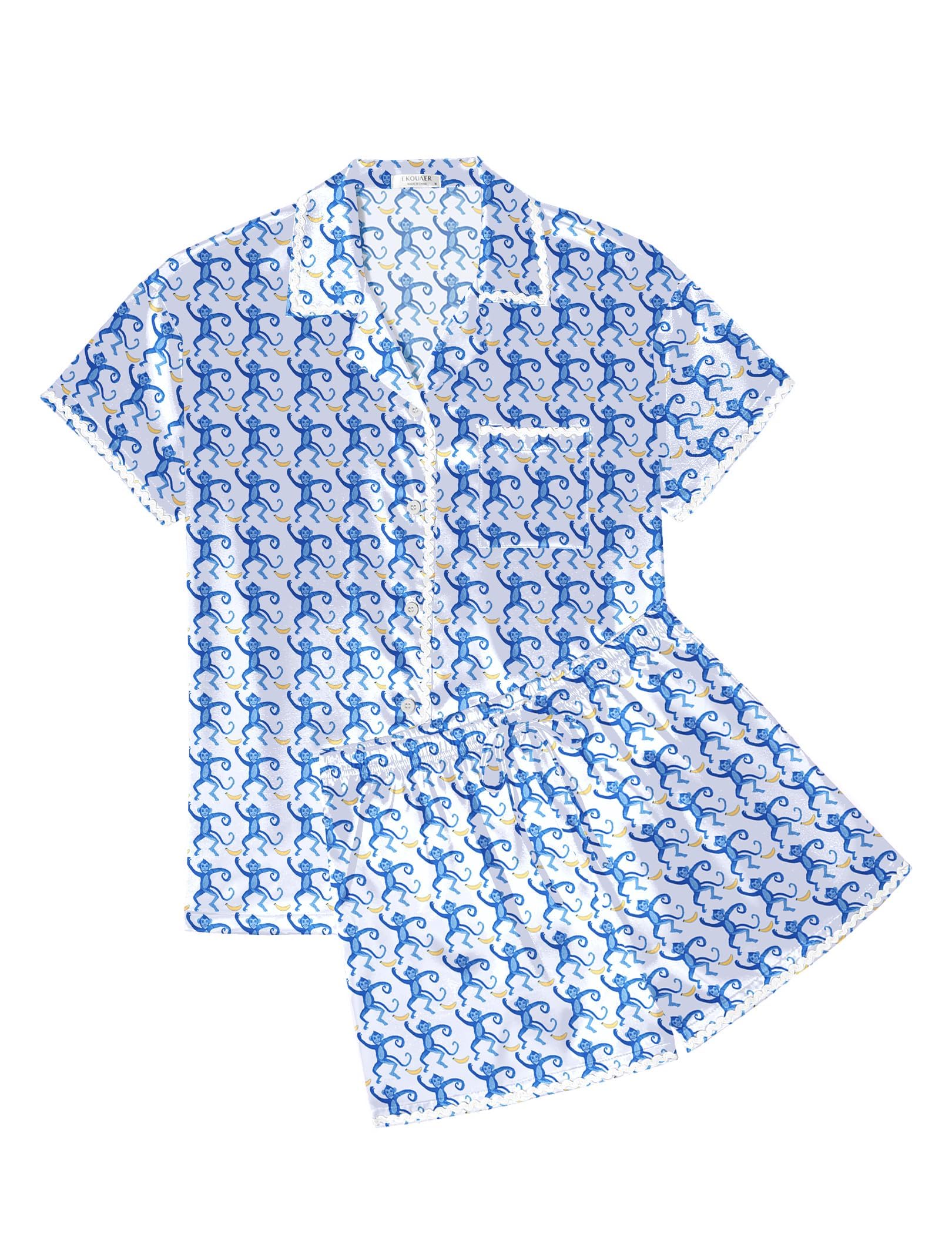 Ekouaer Womens Silk Pajama Sets 2 Piece Satin Pj Set Button Down Shirt and Shorts Lounge Sets Classic with Pockets