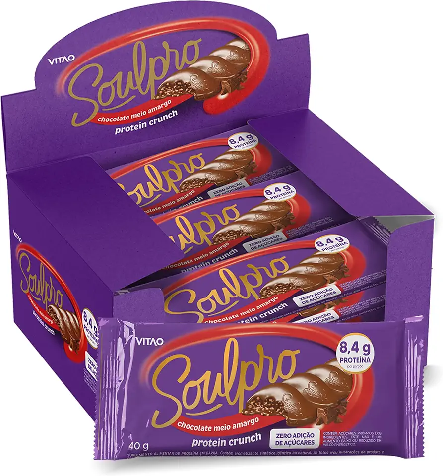 SOULPRO Chocolate Proteico Meio Amargo Zero Açúcar 40g – 8,4g Proteína, Sem Glúten e Textura Crocante