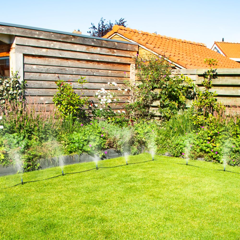 VONROC Bewässerungssystem - 3 Sprinklerstufen: Sprühen, Tropfen & Zerstäuben - Modulsystem inkl. 15m Schlauch, 10x Sprühkopf, 10x Schlauchhalter & Universalschnellkupplung