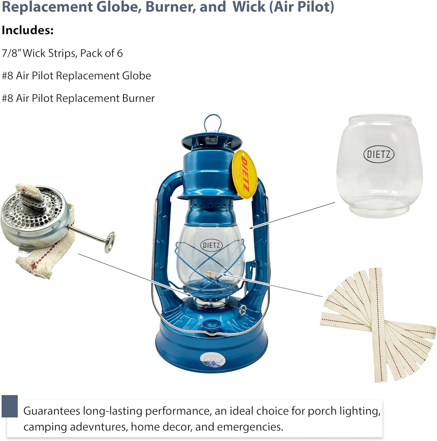Light of Mine - Dietz #08 Air Pilot Oil Lantern Replacement Kit Including Globe, Burner, and 100% Cotton 7/8" Wick Strips (Air Pilot)