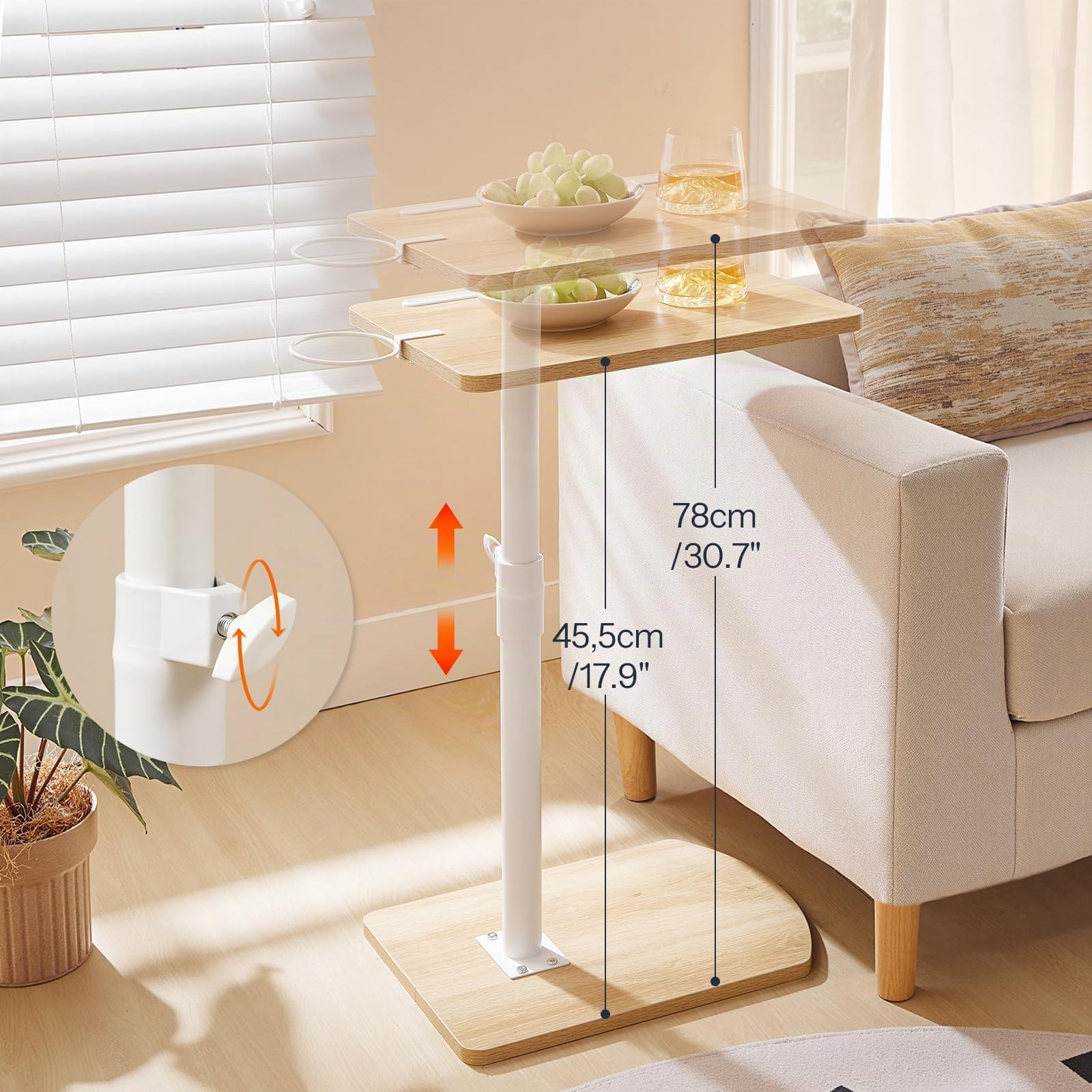 HOOBRO Mesa Auxiliar en Forma de C, Mesa de Sofá Giratoria 360°, Portavasos Extraíble y Ranura para Tableta, Salón, Dormitorio, Blanco y Natural EWN34SF01