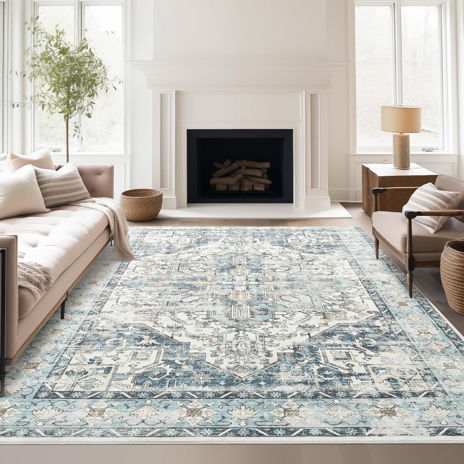 Tapis de zone 140x160 cm bleu à poils ras facile à nettoyer pour salon familial