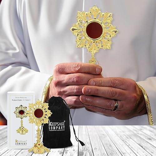 Miniatura 3 de Relicario de latón macizo con base ornamentada y cuentas tachonadas - Monstrance Catholic - Pequeño Relicario para Reliquias - Relicarios Custodias