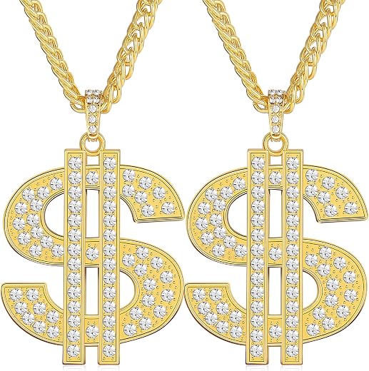 Romass 2pcs Dollar Necklace for Men, Gold Plated Chain for Men with Dollar Symbol Pendant, 80/90s Hip Hop Necklace, Hallow...