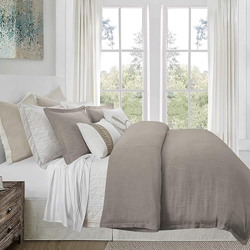 HiEnd Accents Hera - Funda de edredón de lino a medida, tamaño Super Queen, color liso topo, romántico, shabby chic, estilo tradicional costero,