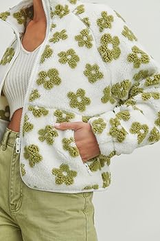 新品未使用　CARLA フラッフィージャケット fluffy jacket myzgx Women's Cute Floral Pattern Jacket Fuzzy Fleece Zip Up