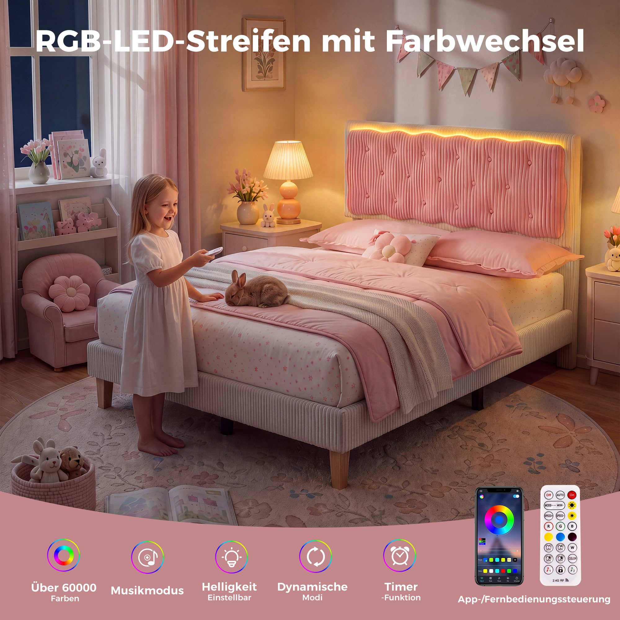 HOMRELEXA Bett 90x200cm, Kinderbett mit LED Beleuchtung und Lattenrost