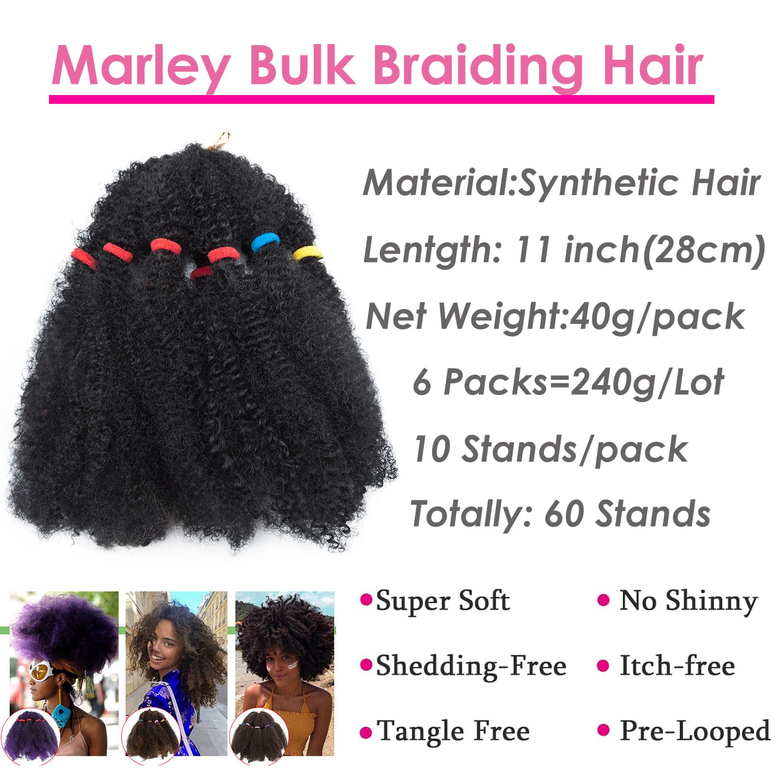 6 Bundles/Pack Curly Crochet Hair Bulk Braiding Hair 11 inch 240g Kinky Crochet Afro Kinky Twists Crochet Hair Extensions Hair Extensions Dark Black - Image 2