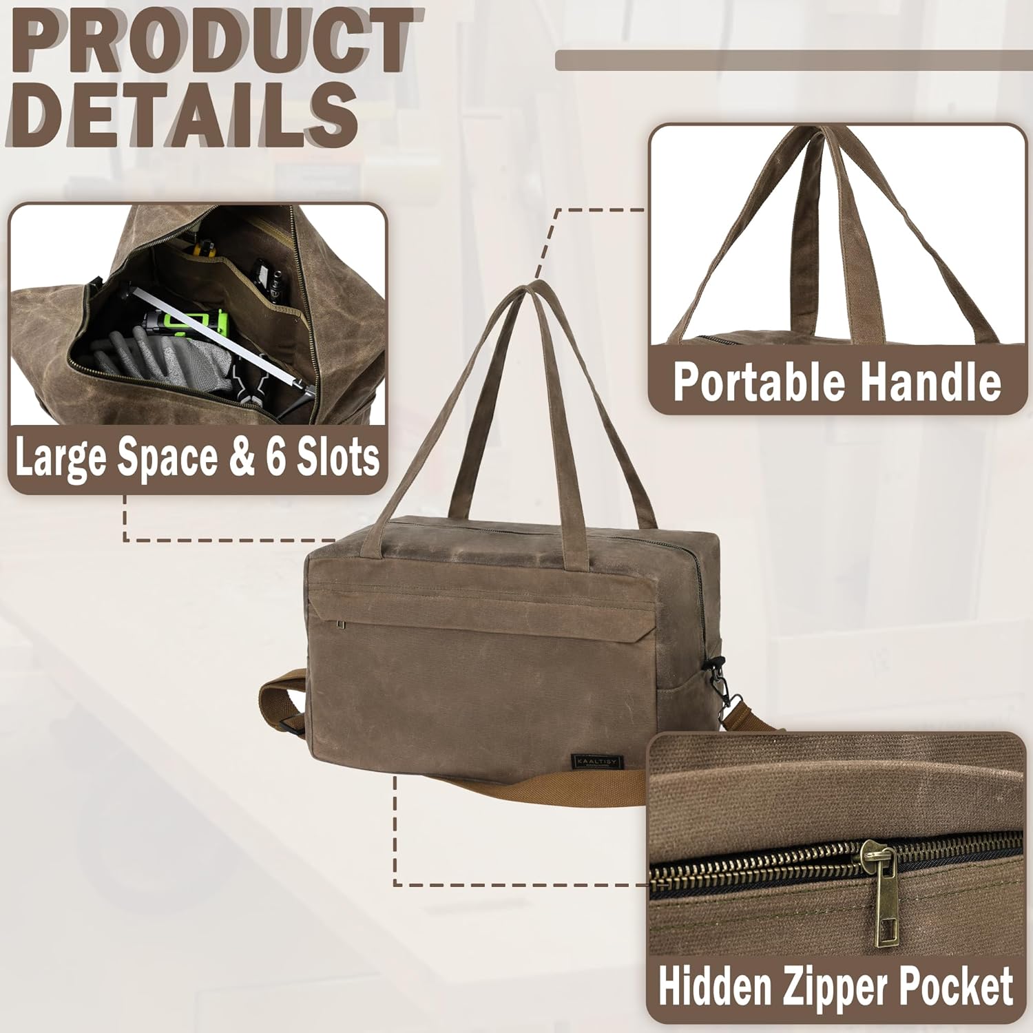 Canvas Tool Organizer Bag, Heavy Duty 16oz Waxed Canvas Garden Hand Tools Tote - with 6 Inside Slots & 1 Large Storage Capacity, Hand Tools Bag for Gardening Carpentry Tools | 15.5" x 9" x 9"