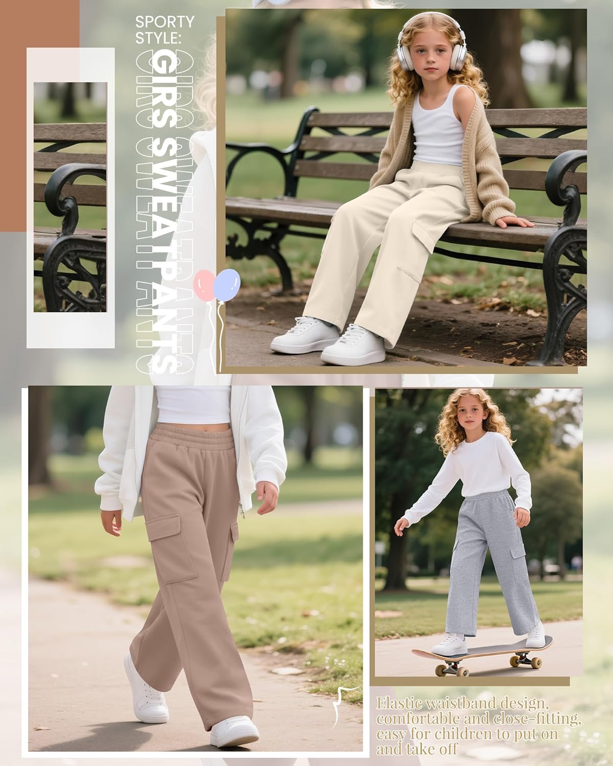 4 Pack Girl's Wide Leg Sweatpants with Cargo Pockets Baggy Elastic High Waist Pants Kids Casual Athletic 5-14Y - Image 2