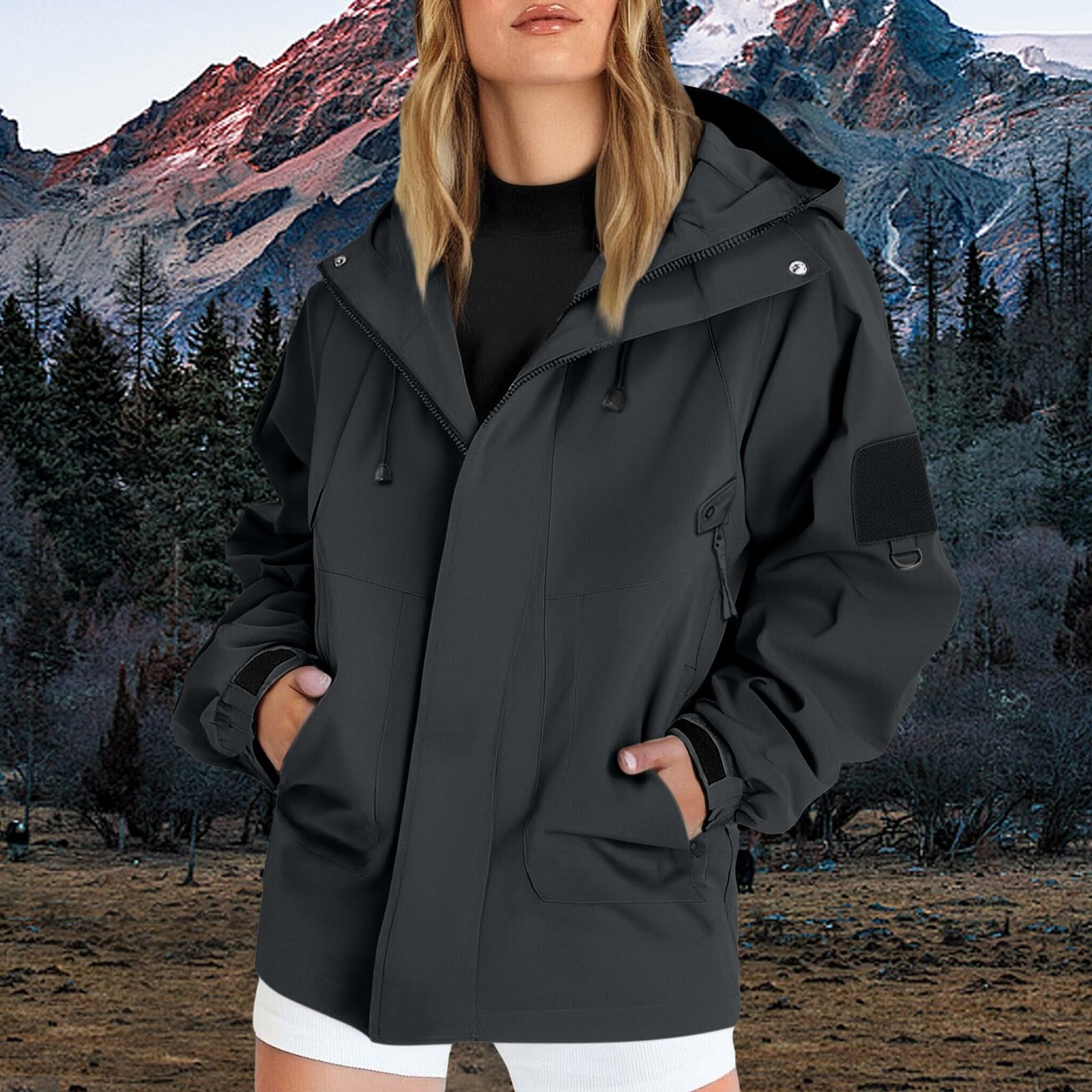 Mujer Impermeable Gabardina Chaquetas de Lluvia con Capucha Cortavientos Plegable Transpirable Cremallera Raincoat