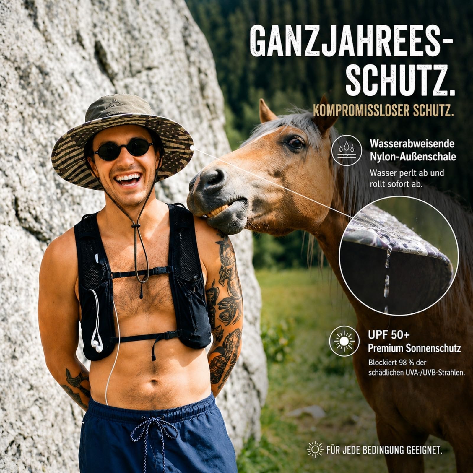 TOP-EX Męski kapelusz przeciwsłoneczny UPF 50+, wodoszczelny, duże rondo, kapelusz outdoorowy z nadrukiem na spodzie ronda, M/L/XL/XXXL