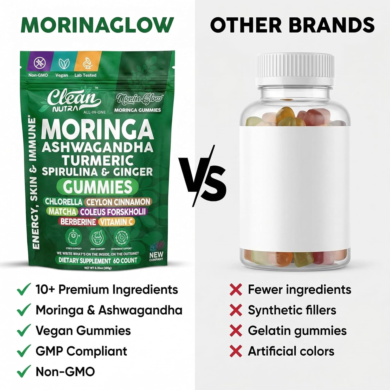 Clean Nutra Moringa Gummies | Pure Moringa Powder Supplement + Ashwagandha Turmeric Spirulina & Ginger Energy, Skin, Immune & Gut Health Green Superfood - Moringa Capsules Alternative