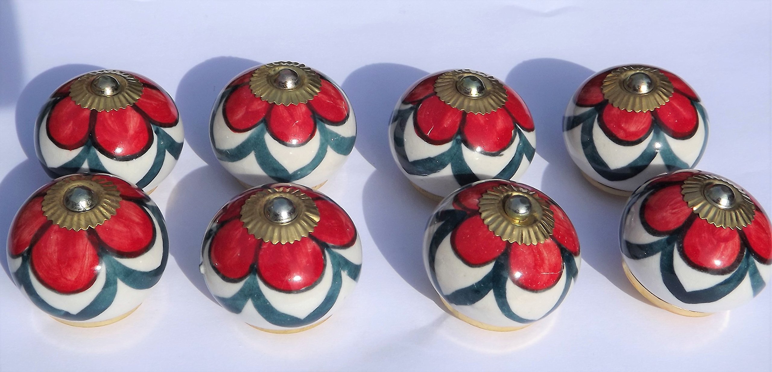 Poignée en porcelaine bouton de meuble fleur rouge céramique blanche x8