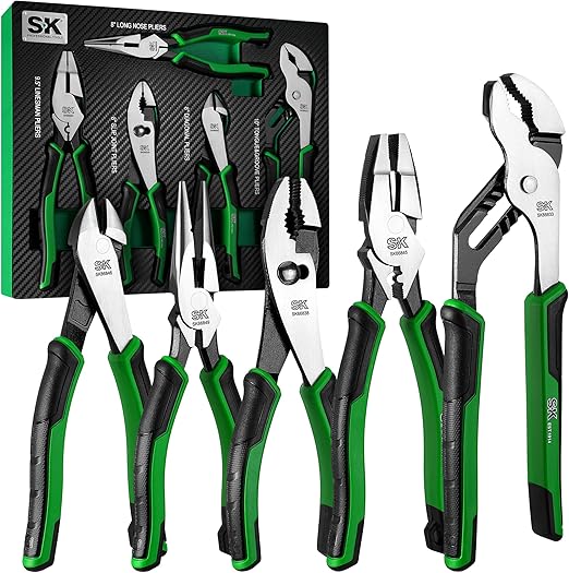 SK 5-Piece Pliers Set, 8" Long Nose, 9.5" Linesman, 8" Slip Joint, 8" Diagonal, and 10" Groove Joint, Premium CR-V Construction, with EVA Foam Tool Organizer
