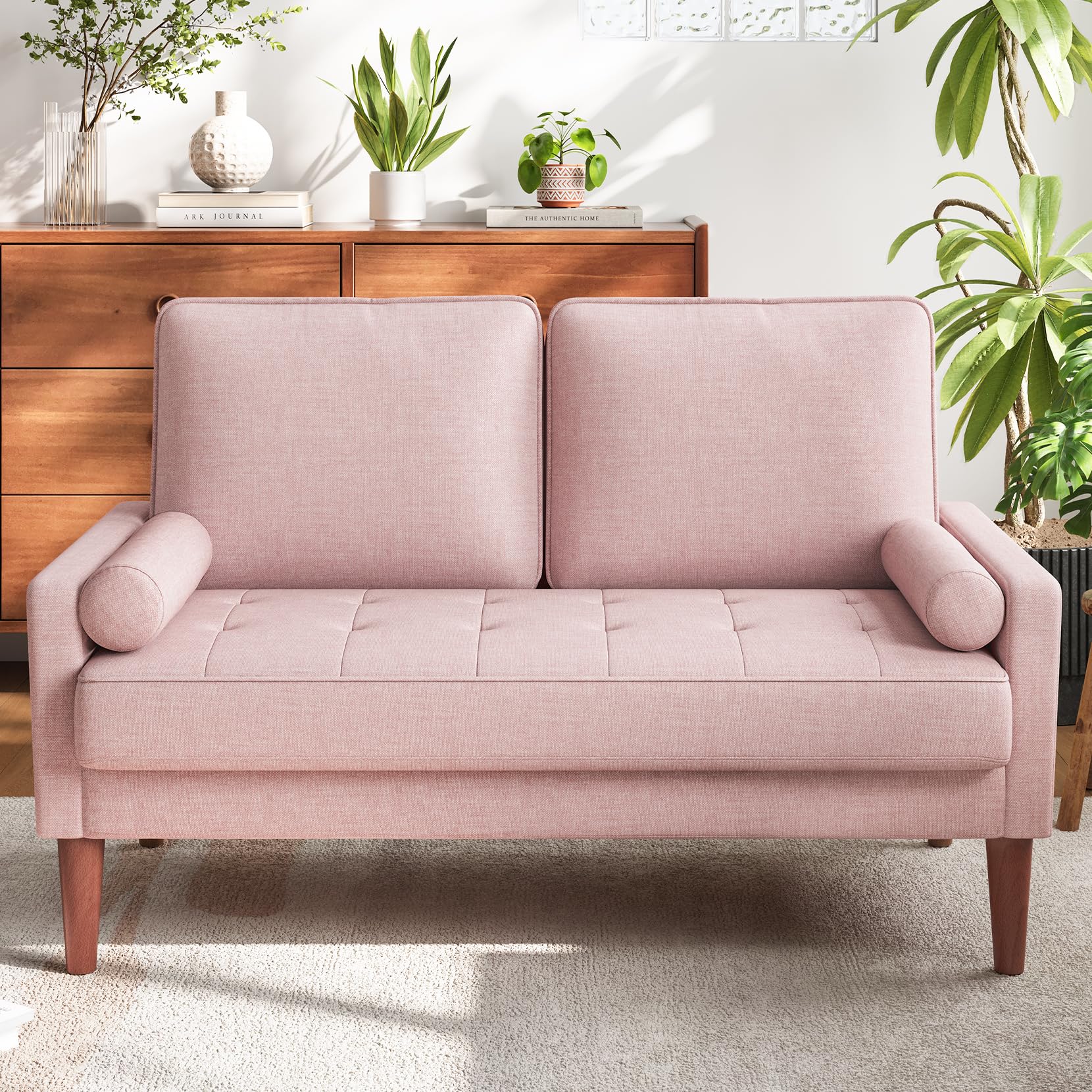 Loveseat Sofa with Solid Wood Legs, 48" Small Couches for Small Spaces, Love Seat for Living Room, Bedroom, Easy Assembly Mid Century Modern Couch with Throw Pillow for Apartment, Pink 48" Pink