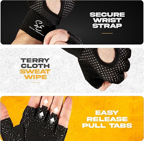 Miniatura 3 de Special Essentials Guantes de entrenamiento para hombres y mujeres, guantes de levantamiento de pesas sin dedos con acolchado antideslizante para