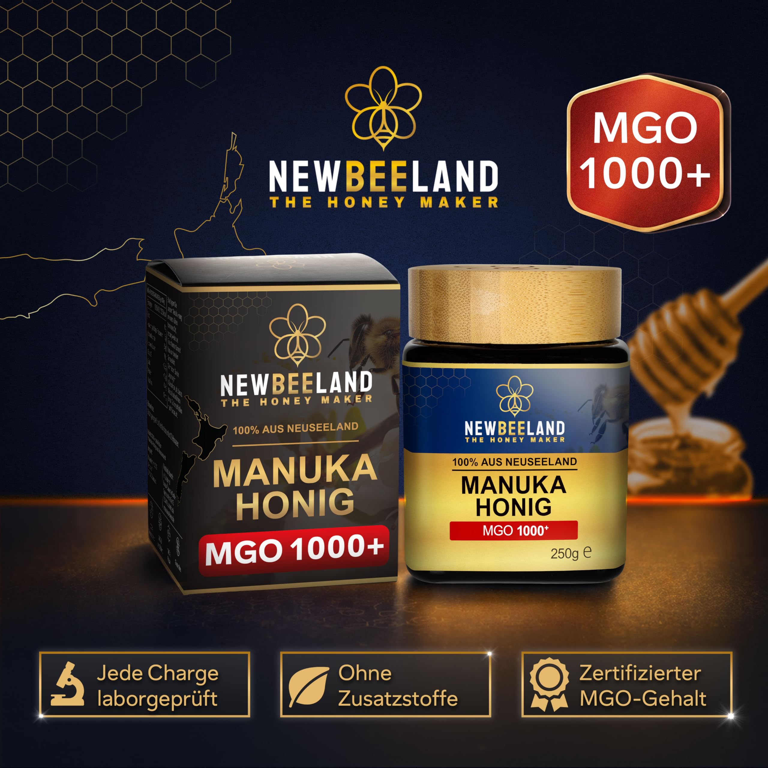 NEWBEELAND Manuka Honig MGO 1000+ Direktimport aus Neuseeland 250 Gramm | chargengeprüfter Methylglyoxal-Gehalt (MGO), Cremig-zähflüssige Textur, herber & kräftiger Geschmack, lichtgeschütztes Glas