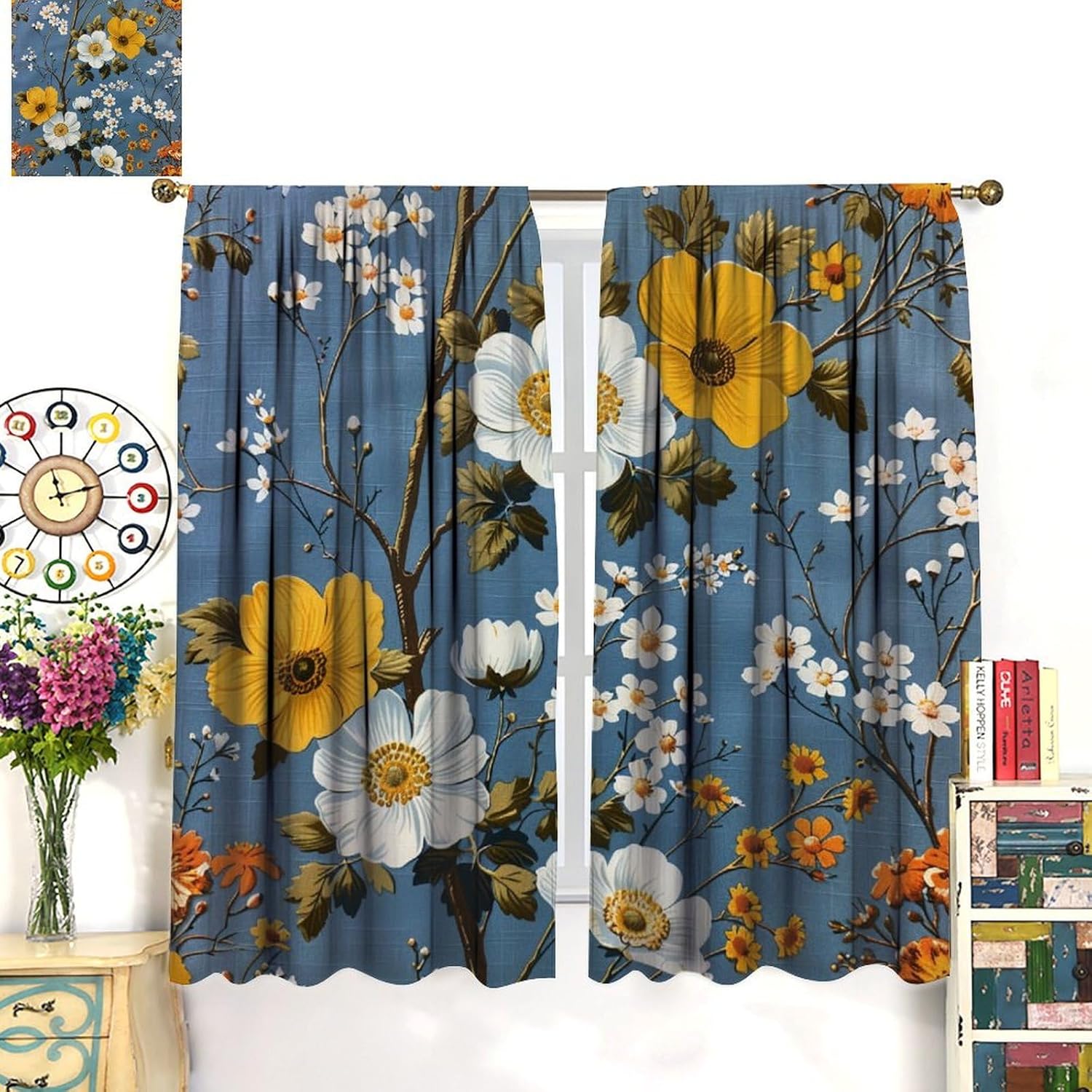 Retro Rustic Floral Blackout Curtains for Bedroom Living Room, Rod Pocket Glam Colorful Flower Leaf Curtains Thermal Insulated Window Drapes 2 Panels, Each 21W x 45L