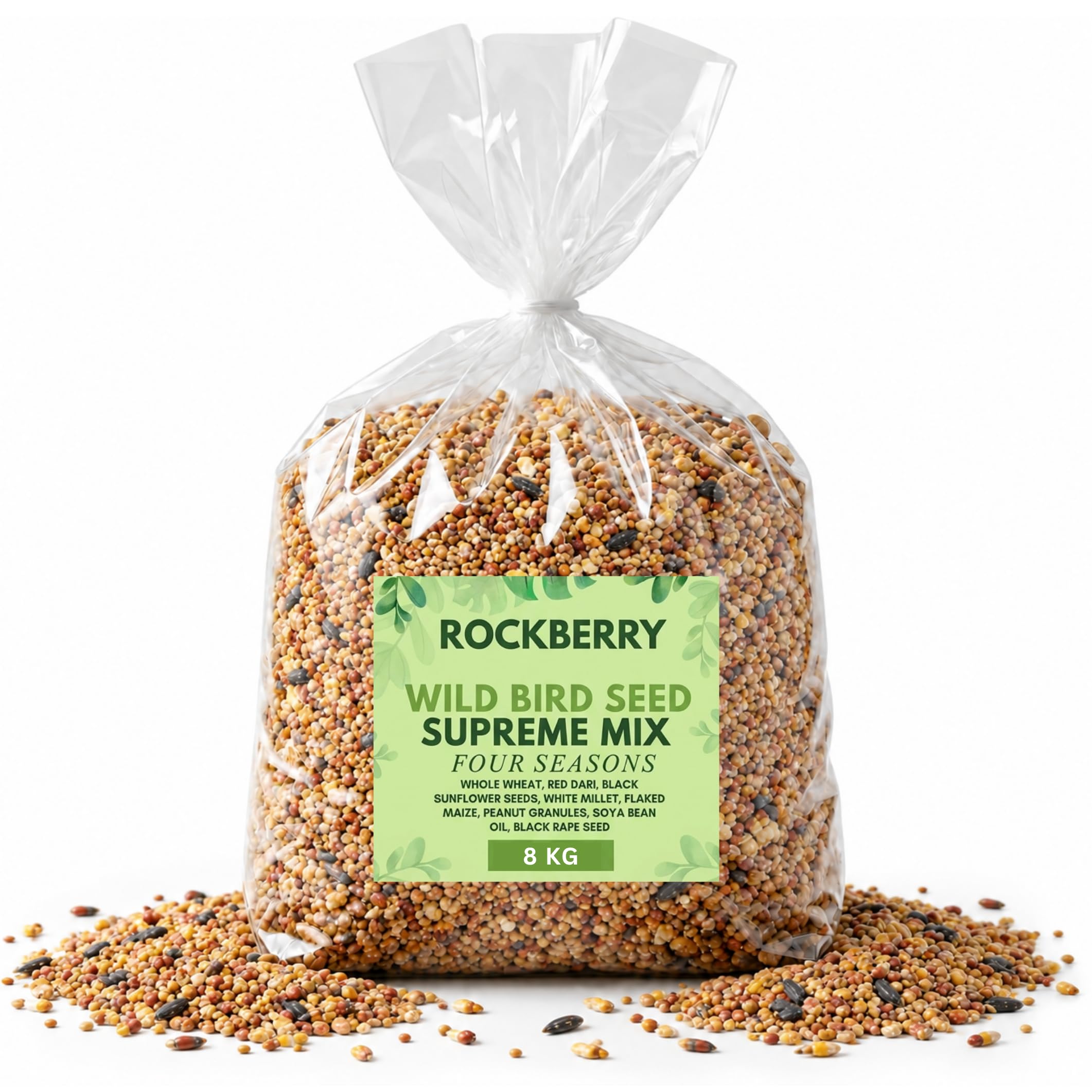RockBerry Wild Bird Seed Mix, High Energy, Mixed Seeds and Granules, for Outdoor Feeding, Attracts Robins, Finches, Sparrows and More (8 KG)