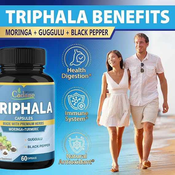 Organic Cadane Triphala Extract Capsules - 6 Premium Ingredients Complex with Turmeric, Moringa, Guggul, Ginger, and Black Pepper - 60 Caps for 2 Months Supply