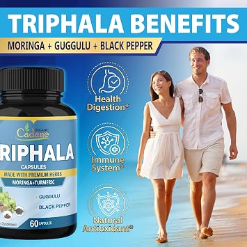 Organic Cadane Triphala Extract Capsules - 6 Premium Ingredients Complex with Turmeric, Moringa, Guggul, Ginger, and Black Pepper - 60 Caps for 2 Months Supply