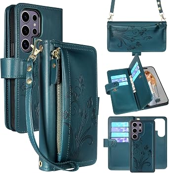 for Samsung Galaxy S25 Ultra Detachable Crossbody Wallet Case, Compatible with Wireless Charging, [Cards Theft Scan Protection], Magnetic Case Stand PU Leather ZipperFloral Cyan Green