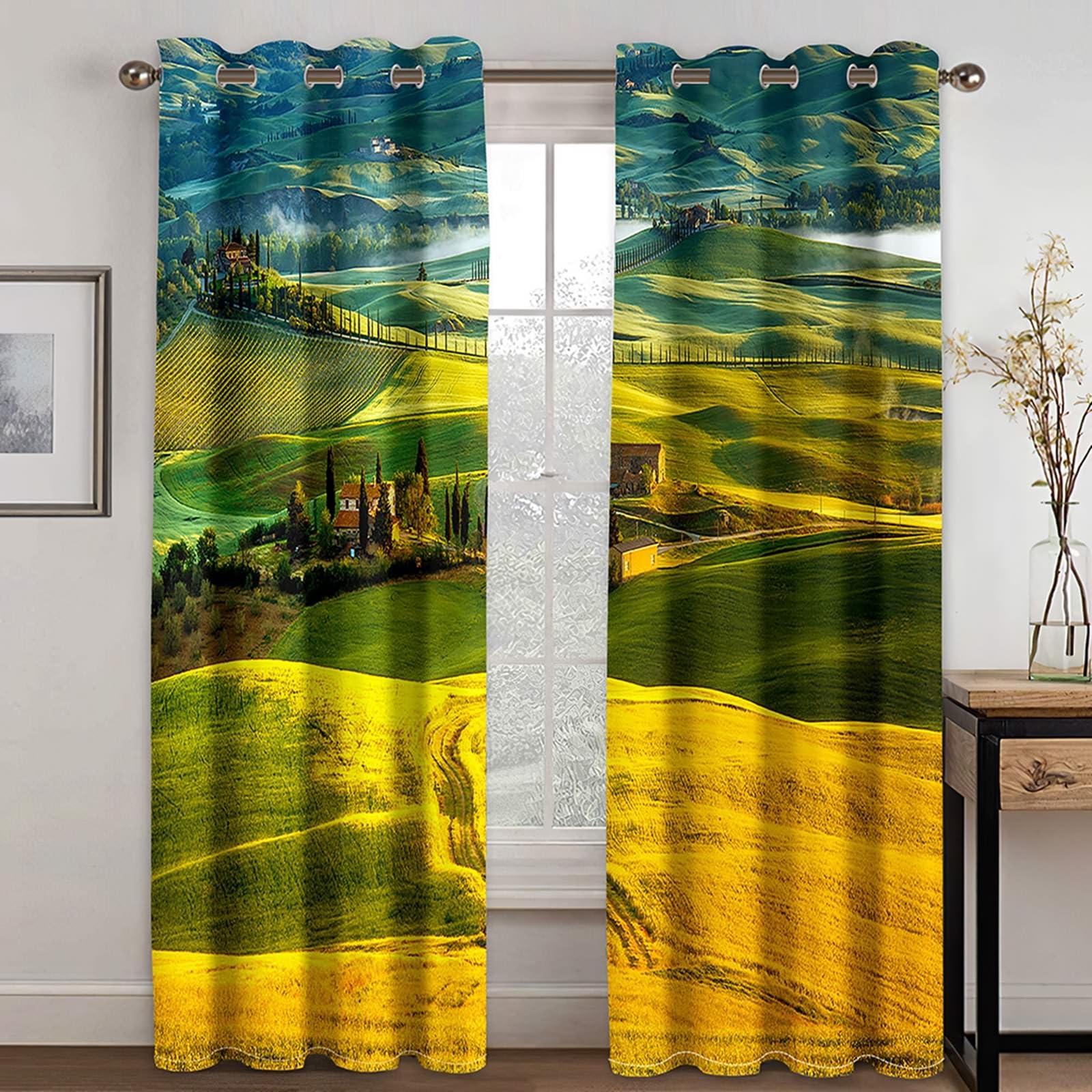 Vorhänge mit Ösen 2er Set, Gardinen Blickdicht Hügel Grasland und Häuser H 160 x B 96 cm Wohnzimmer Verdunklungsvorhänge