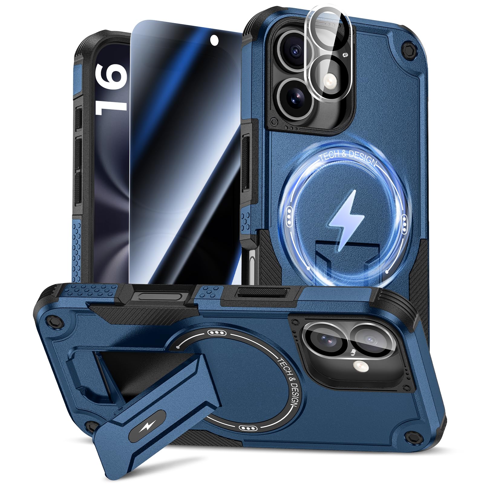 Goton 3 in 1 for iPhone 16 Case with Privacy Screen Protector Blue