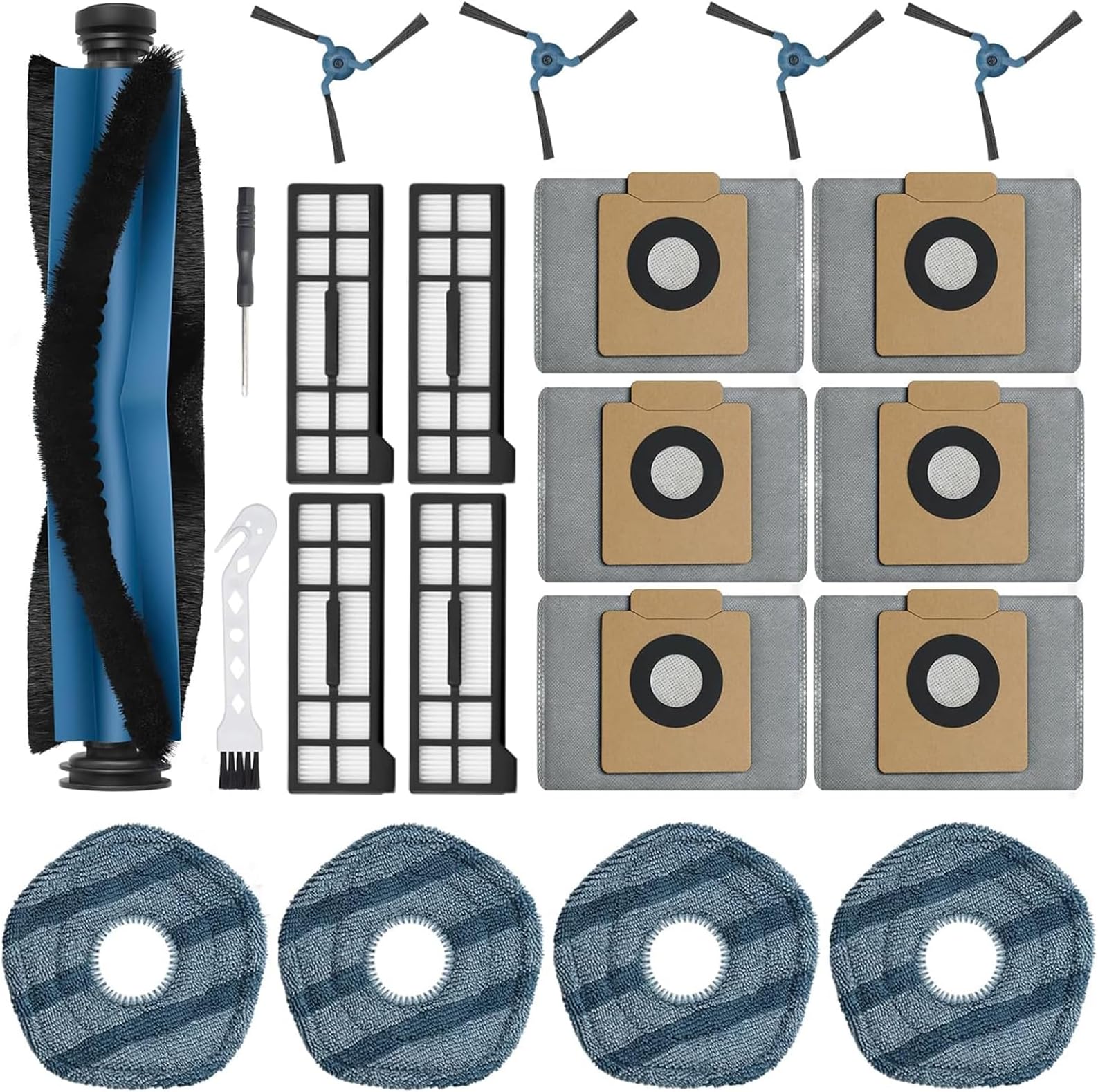 21Pcs X10 Pro Omni Replacement Parts Kit for Eufy X10 Pro Omni Robot Vacuum Accessories, 1 Main Roller Brush, 6 Dust Bags 4 Side Brushes 4 Hepa Filters 4 Mop Pads 1 Screwdriver 1 Clean Tool