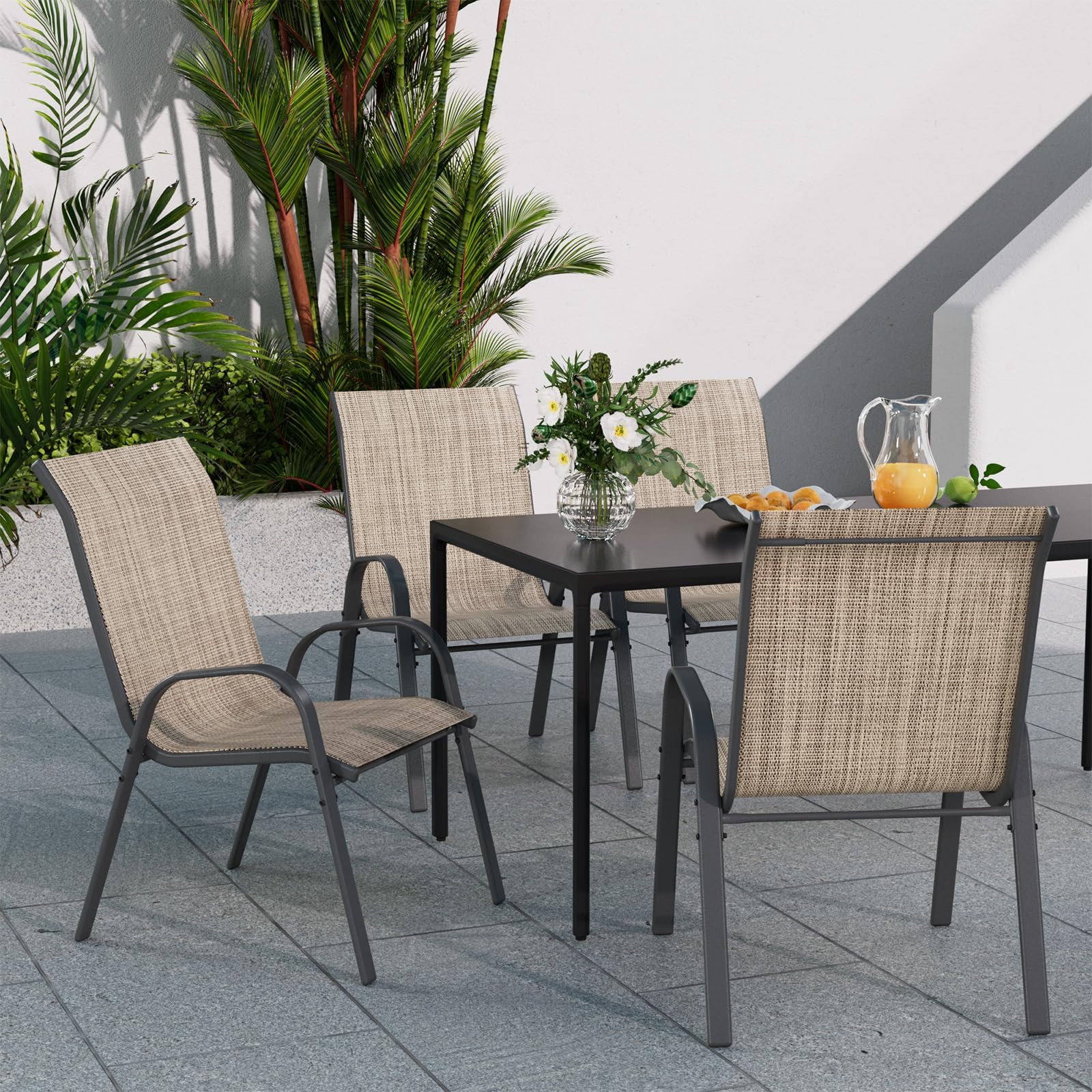 UDPATIO 4er Set Gartenstühle Stapelbare, 55cm Breiter Hochlehner Gartenstuhl, Stapelstühle aus Textilene, Atmungsaktive Terrassenstühle für Balkon, Terrasse, Garten, Braun