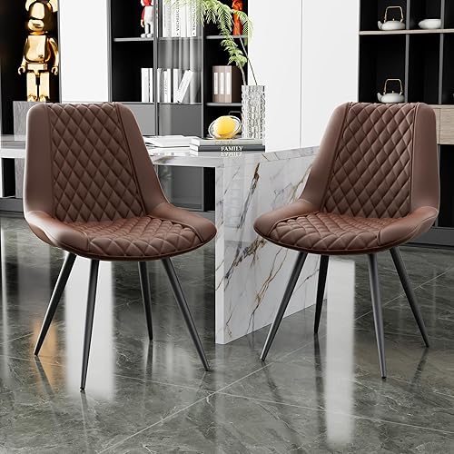 Juego de 2 sillas de comedor, modernas sillas de salón de piel sintética sin brazos, asiento tapizado con respaldo alto y patas de metal resistentes