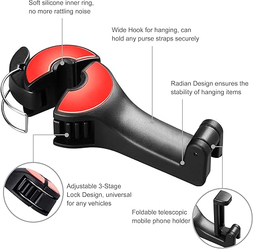 Miniatura 7 de Ganchos de asiento de automóvil 2 en 1 para bolsos y bolsas con soporte para teléfono, reposacabezas automático, organizador de bolsos, resistencia