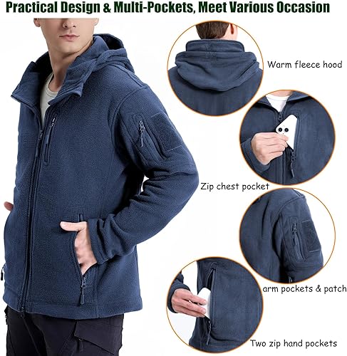 Miniatura 4 de CARWORNIC Chamarras tácticas de forro polar con capucha para hombre, con cremallera completa, para invierno, cálido, militar, para senderismo, con