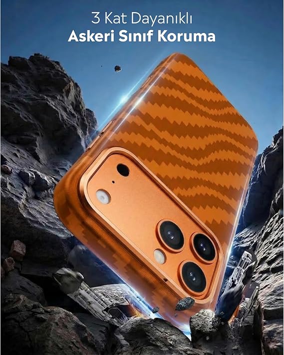 Babilden iPhone 17 Pro Max ile Uyumlu Kılıf Magsafe Şarjlı Karbon Fiber ArmorAir Kesik Kenarlı Kapak Turuncu