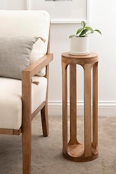 Kate and Laurel Dahl Wooden Round Drink Table; 8 x 23; Natural Brown; Transitional Boho Circle Wood Accent Pedestal Table for Living Room Plant Stand or Small Bedroom Nightstand