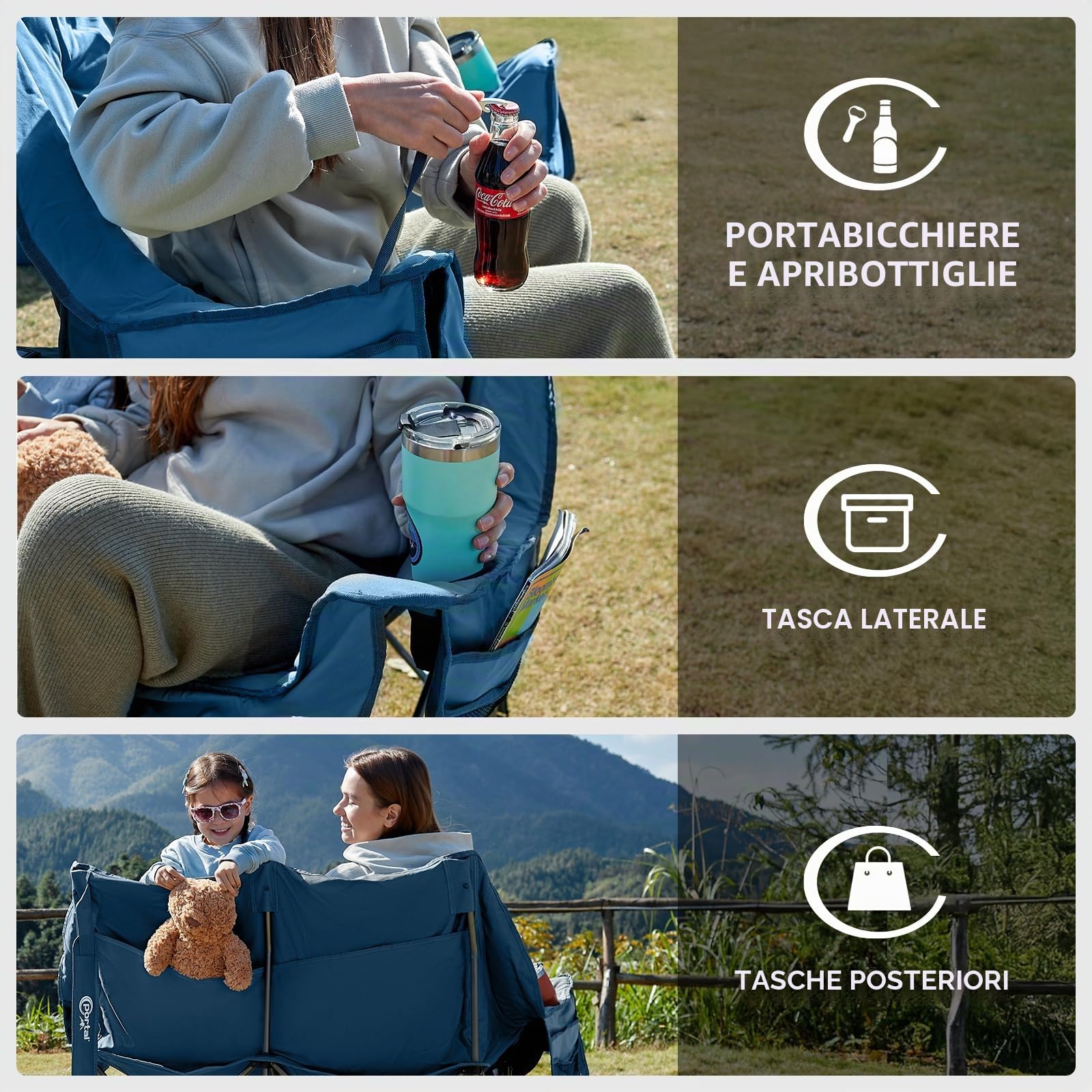 Portal Doppia sedia da campeggio imbottita pieghevole divano da campeggio per adulti grande seduta trapuntata Love Seat lussuosa poltrona deluxe luna sedia pieghevole gigante festival giardino prato