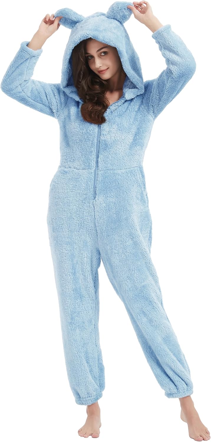 Kissonic Women's Onesies Pajamas Sherpa Fleece One Piece Romper Zipper Cute Hooded Jumpsuit Pajama Loungewear - Image 3