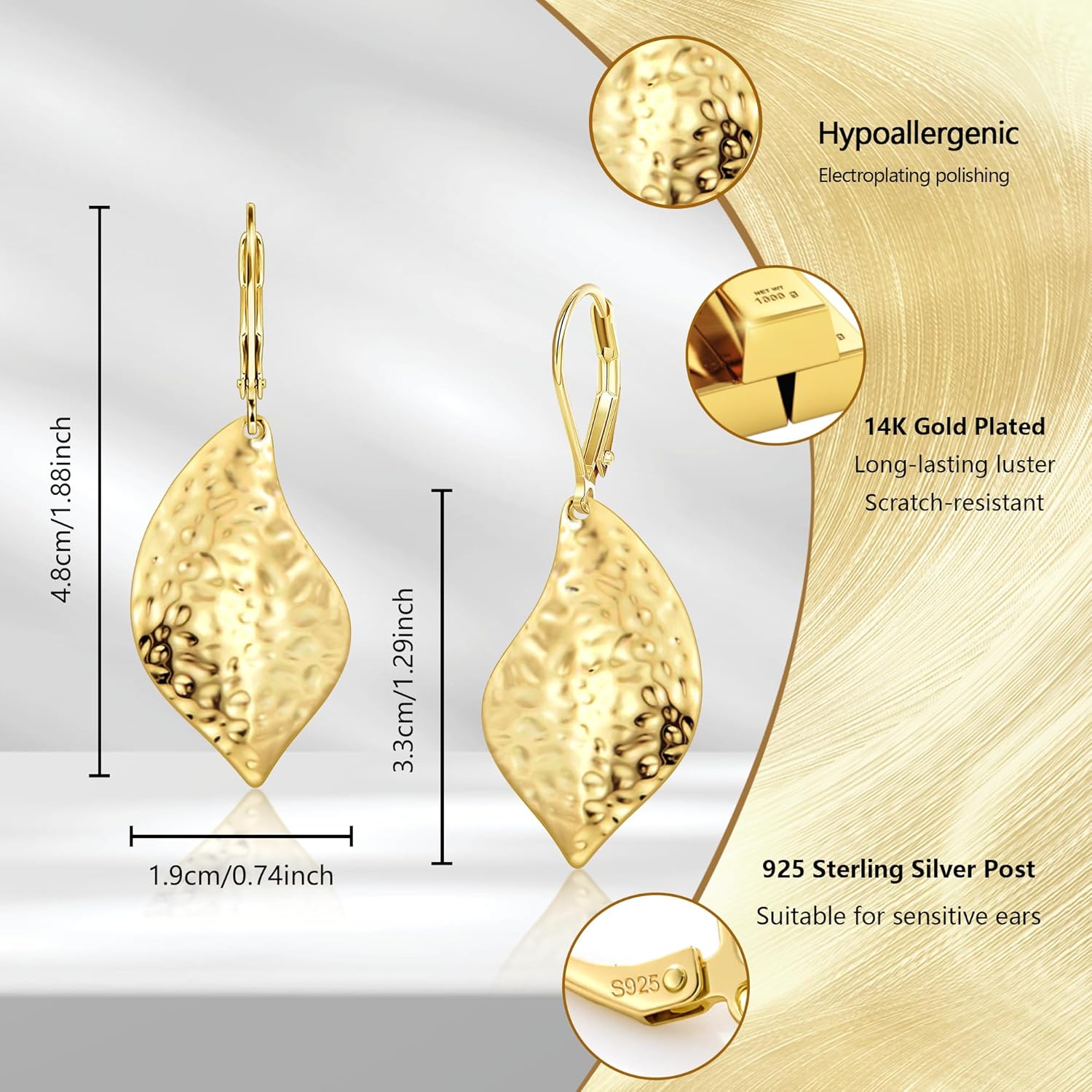 Sterling Silver Hammered Leaf Dangle Earrings for Women Trendy Lightweight Hypoallergenic 14K Gold Plated Drop Earrings French Leverback - Image 4