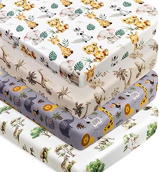 4 Pack Safari Jungle Animals Neutral Unisex Fitted Nursery Baby Sheets Set Toddler Mattress Sheets for Baby Boys or Girls (Crib Sheets)